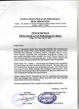 PENGGUMUMAN PENGISIAN PERANGKAT DESA SIDOAGUNG